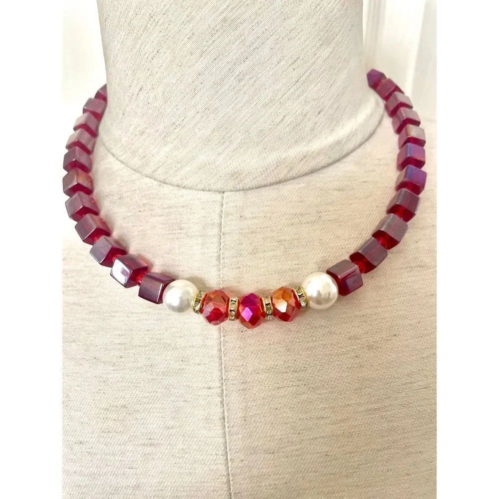 Red crystal faux Pearl rhinestone necklace